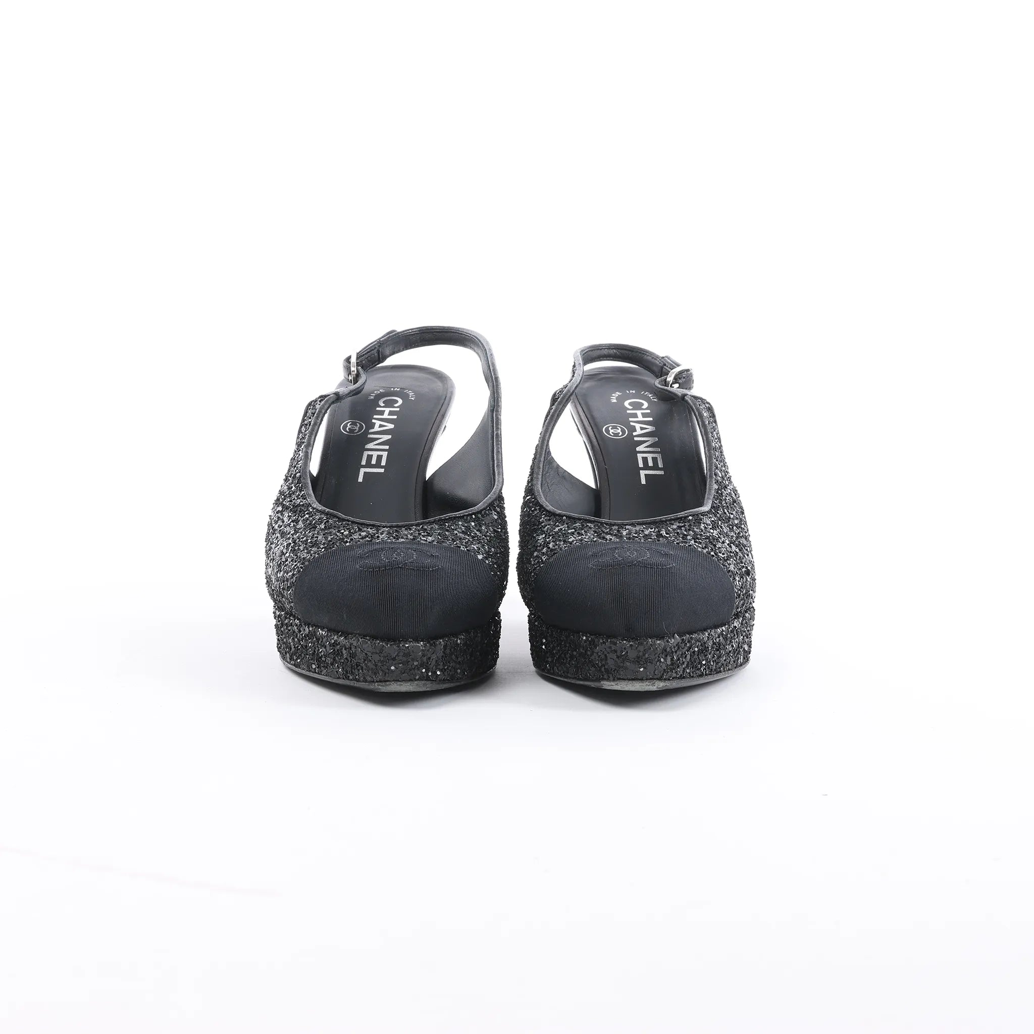 Chanel Coco Mark Leather x Glitter Heels in Black G37586, Size EU 37 C