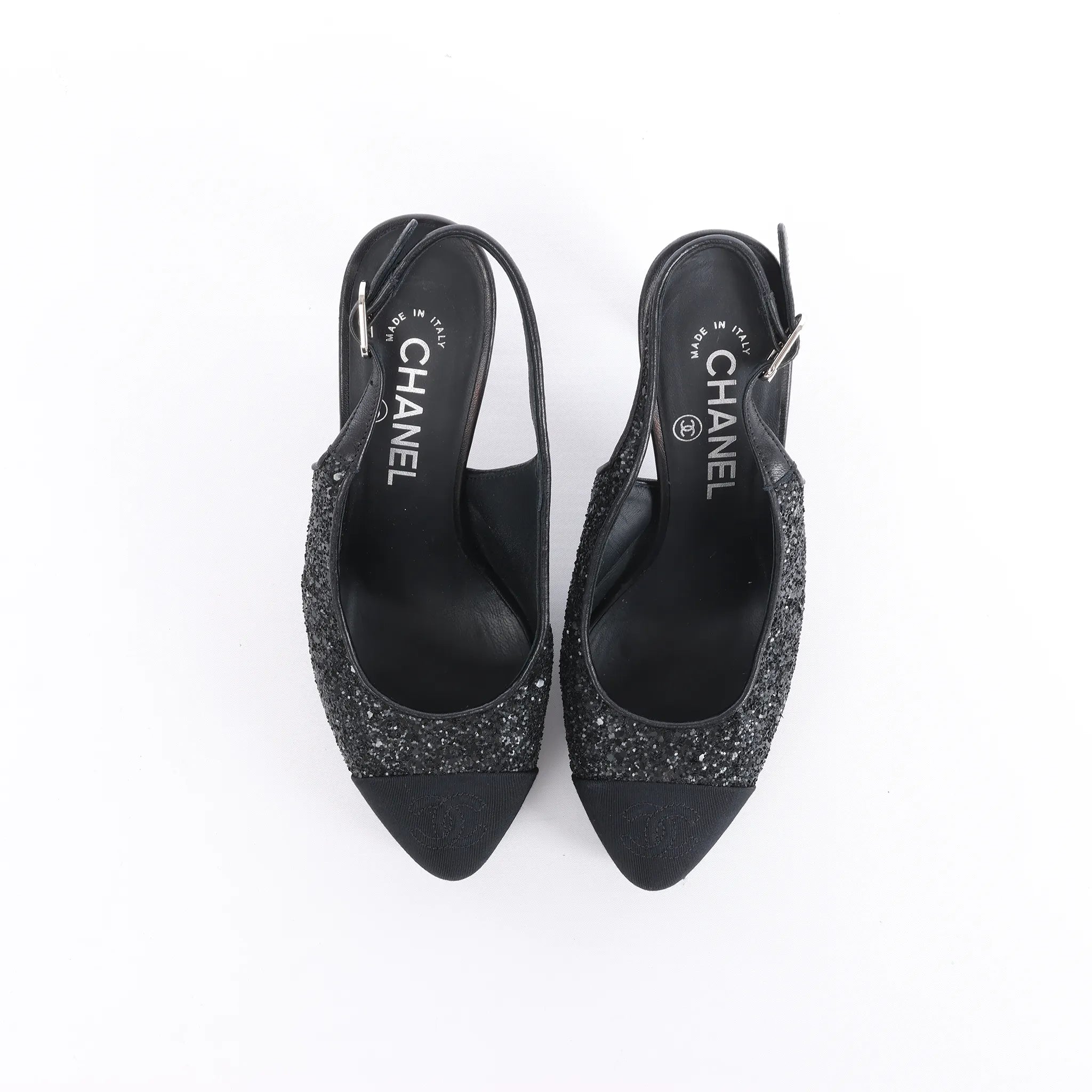 Chanel Coco Mark Leather x Glitter Heels in Black G37586, Size EU 37 C