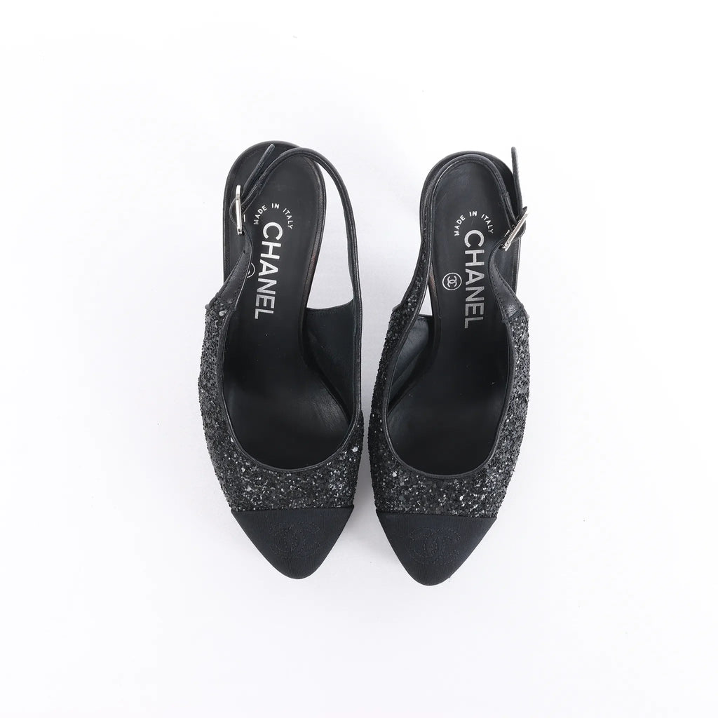 Chanel Coco Mark Leather x Glitter Heels in Black G37586, Size EU 37 C