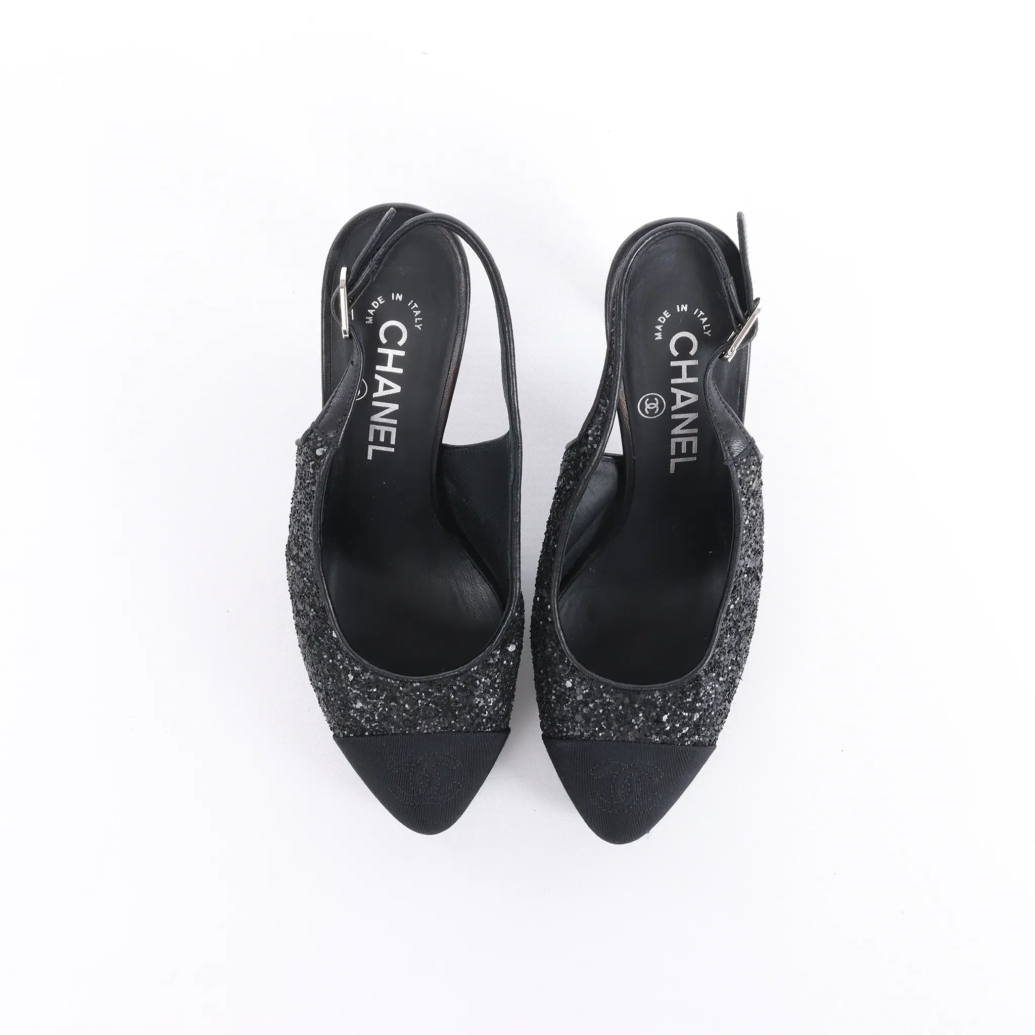 Chanel Coco Mark Leather x Glitter Heels in Black G37586, Size EU 37 C