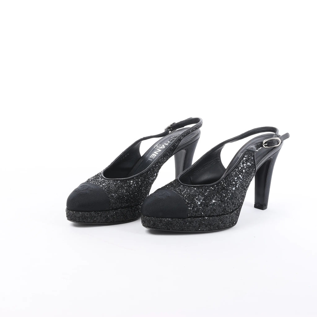 Chanel Coco Mark Leather x Glitter Heels in Black G37586, Size EU 37 C