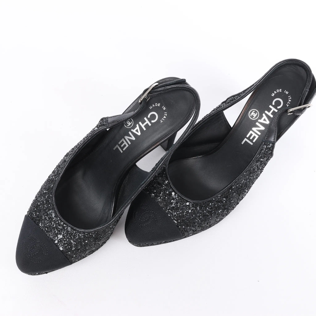 Chanel Coco Mark Leather x Glitter Heels in Black G37586, Size EU 37 C