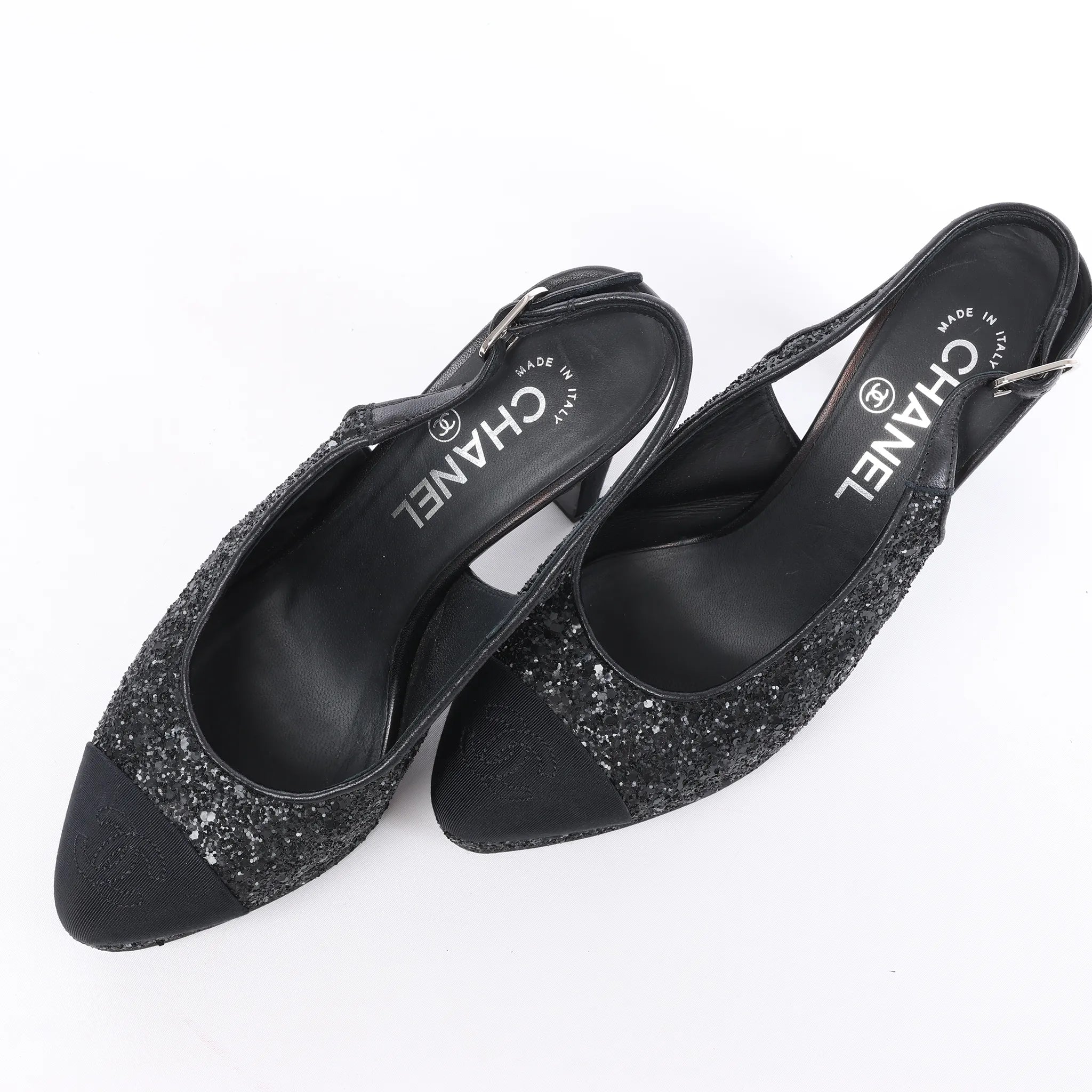 Chanel Coco Mark Leather x Glitter Heels in Black G37586, Size EU 37 C