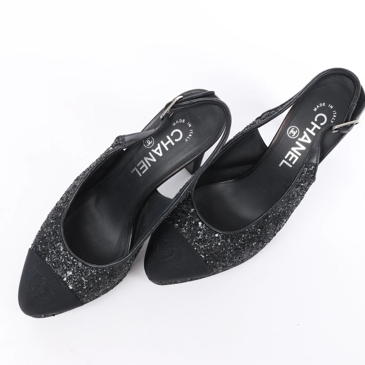 Chanel Coco Mark Leather x Glitter Heels in Black G37586, Size EU 37 C