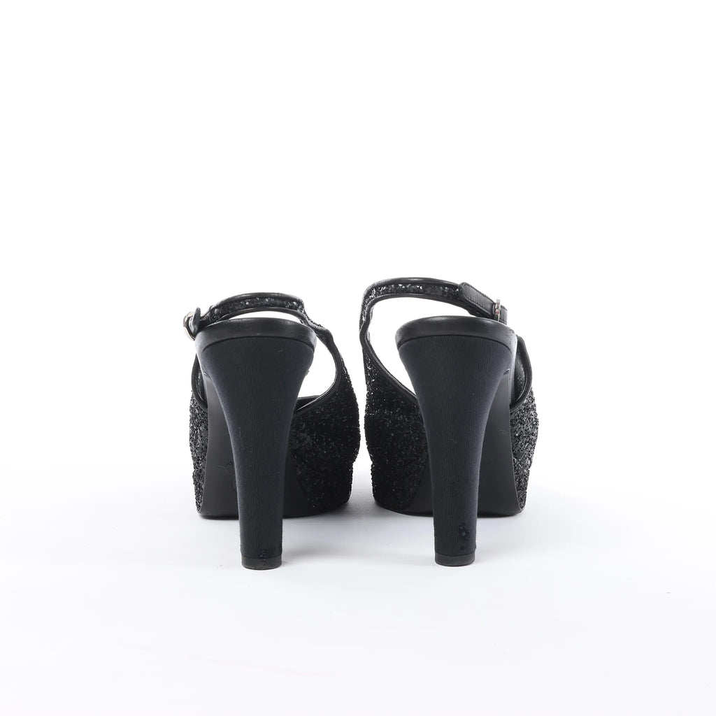 Chanel Coco Mark Leather x Glitter Heels in Black G37586, Size EU 37 C