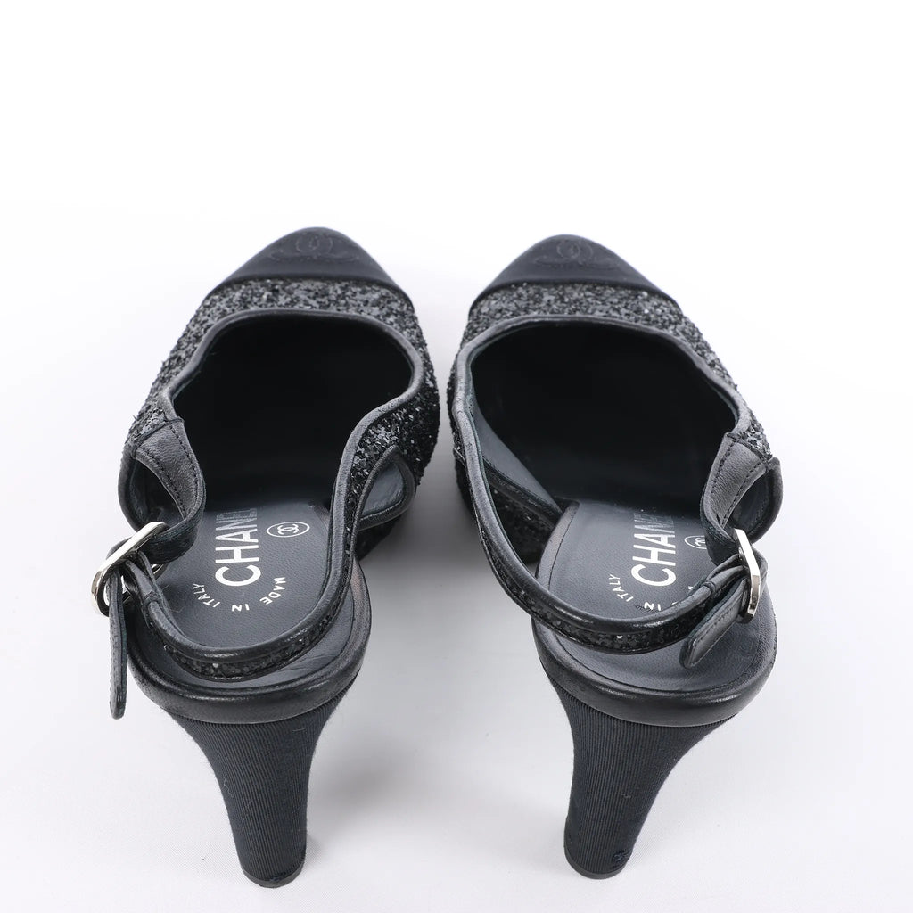 Chanel Coco Mark Leather x Glitter Heels in Black G37586, Size EU 37 C