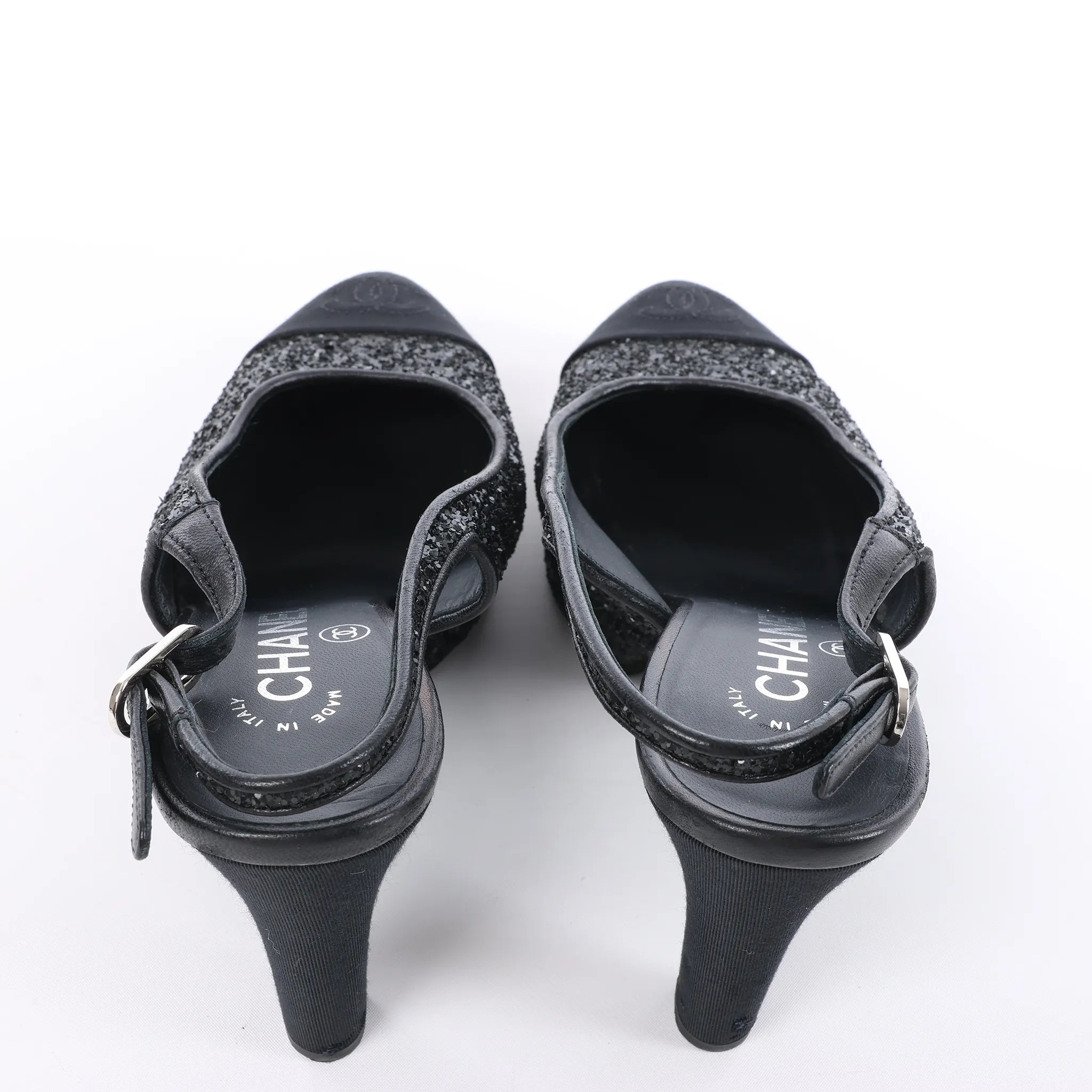 Chanel Coco Mark Leather x Glitter Heels in Black G37586, Size EU 37 C