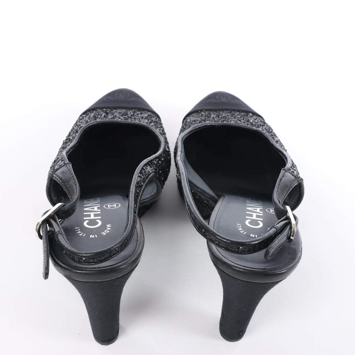 Chanel Coco Mark Leather x Glitter Heels in Black G37586, Size EU 37 C