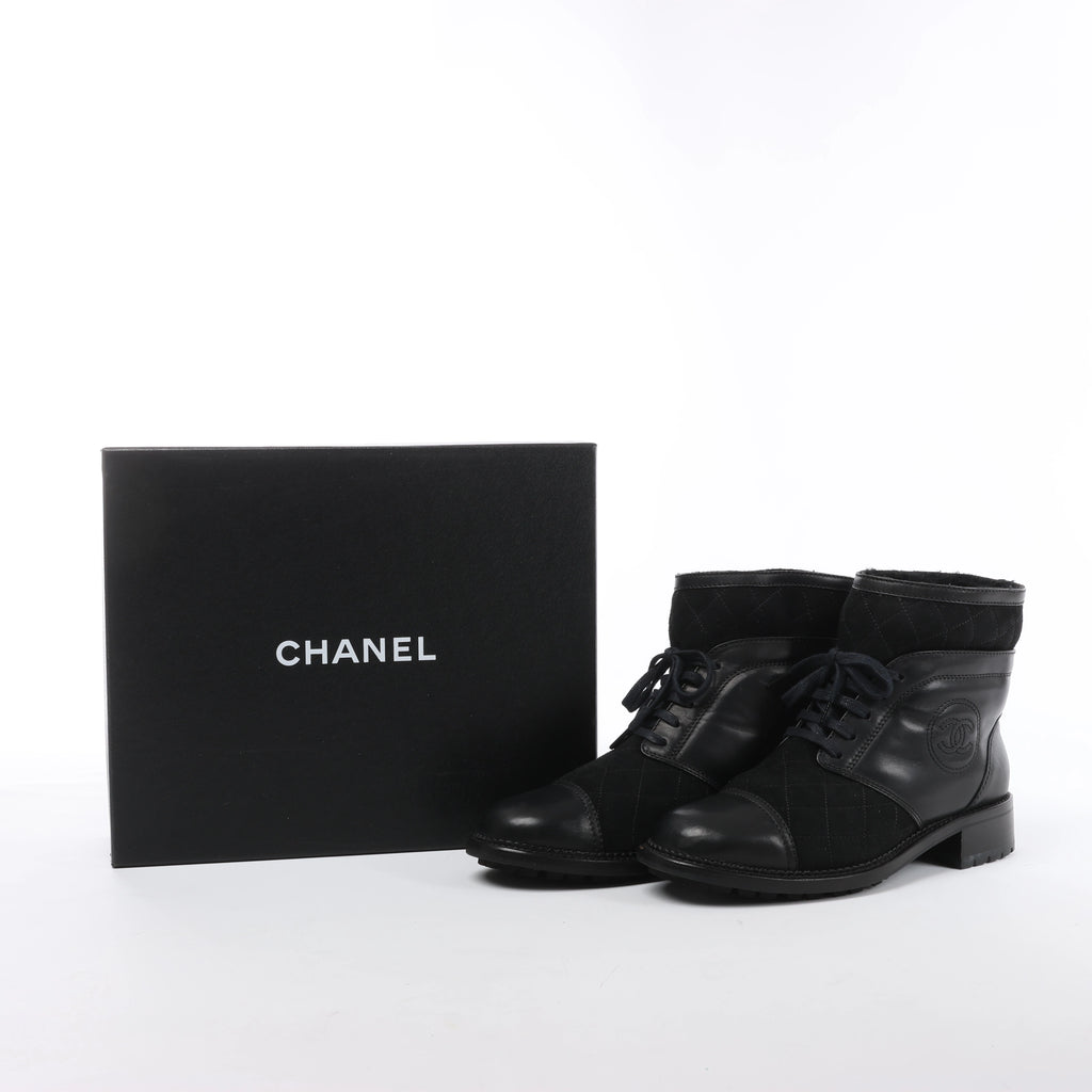Chanel Coco Mark Matelasse Leather & Suede Ankle Boots in Black G29476, Size EU 39