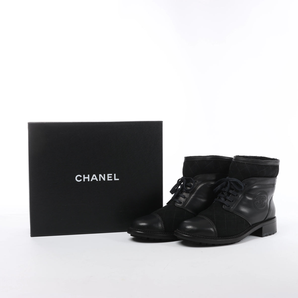 Chanel Coco Mark Matelasse Leather & Suede Ankle Boots in Black G29476, Size EU 39