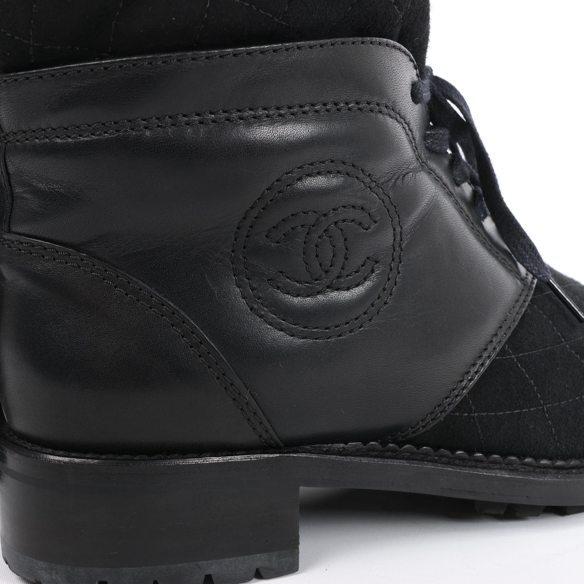 Chanel Coco Mark Matelasse Leather & Suede Ankle Boots in Black G29476, Size EU 39