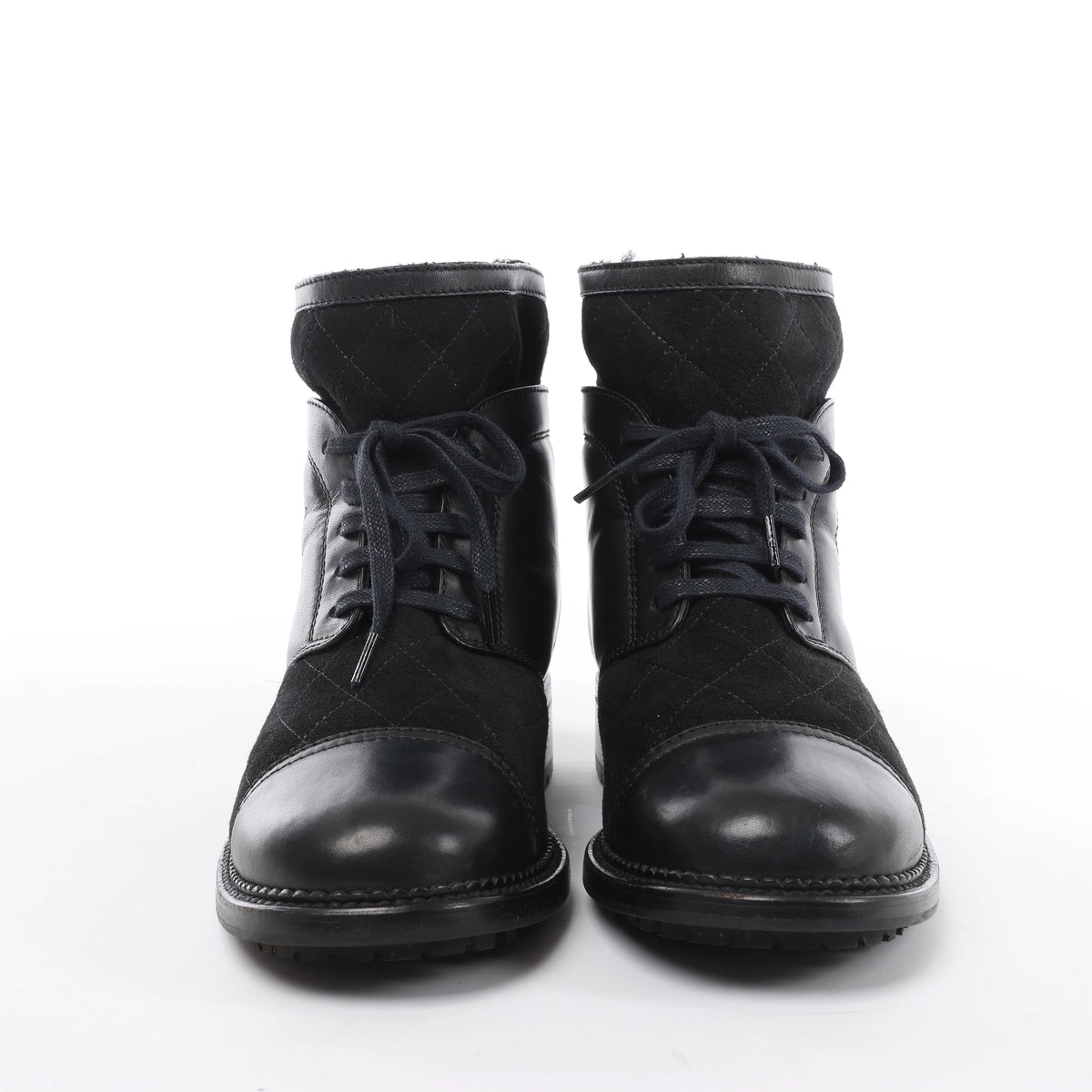 Chanel Coco Mark Matelasse Leather & Suede Ankle Boots in Black G29476, Size EU 39