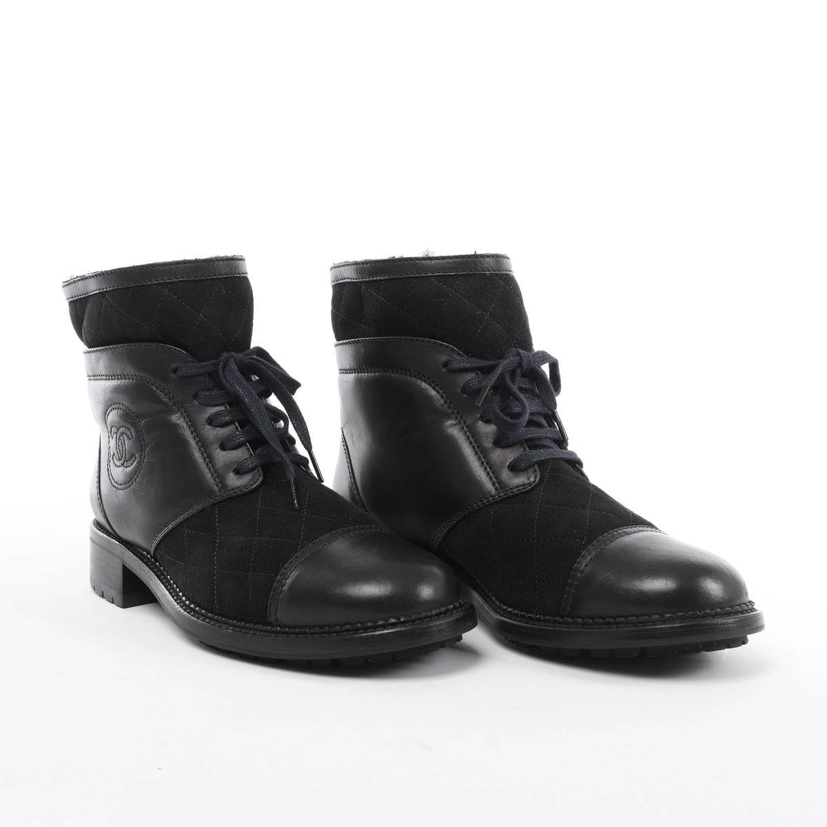 Chanel Coco Mark Matelasse Leather & Suede Ankle Boots in Black G29476, Size EU 39