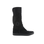 Chanel black suede boots with quilted matelassé shaft, round toe, rubber sole, and Coco logo patch on the side on white background