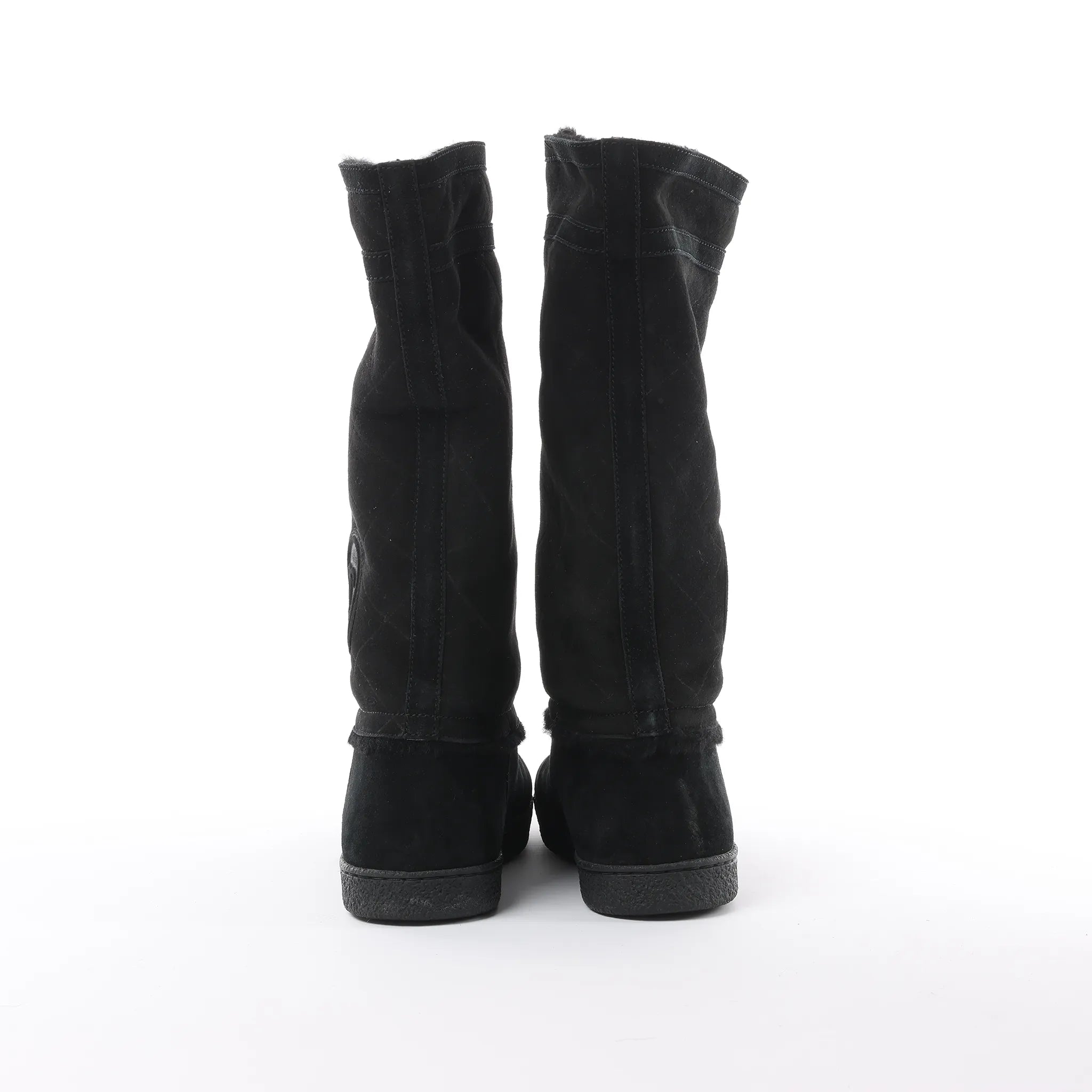 Chanel Coco Mark Matelasse Suede 2WAY Fur Mouton Boots in Black IG26557, Size 38 EU