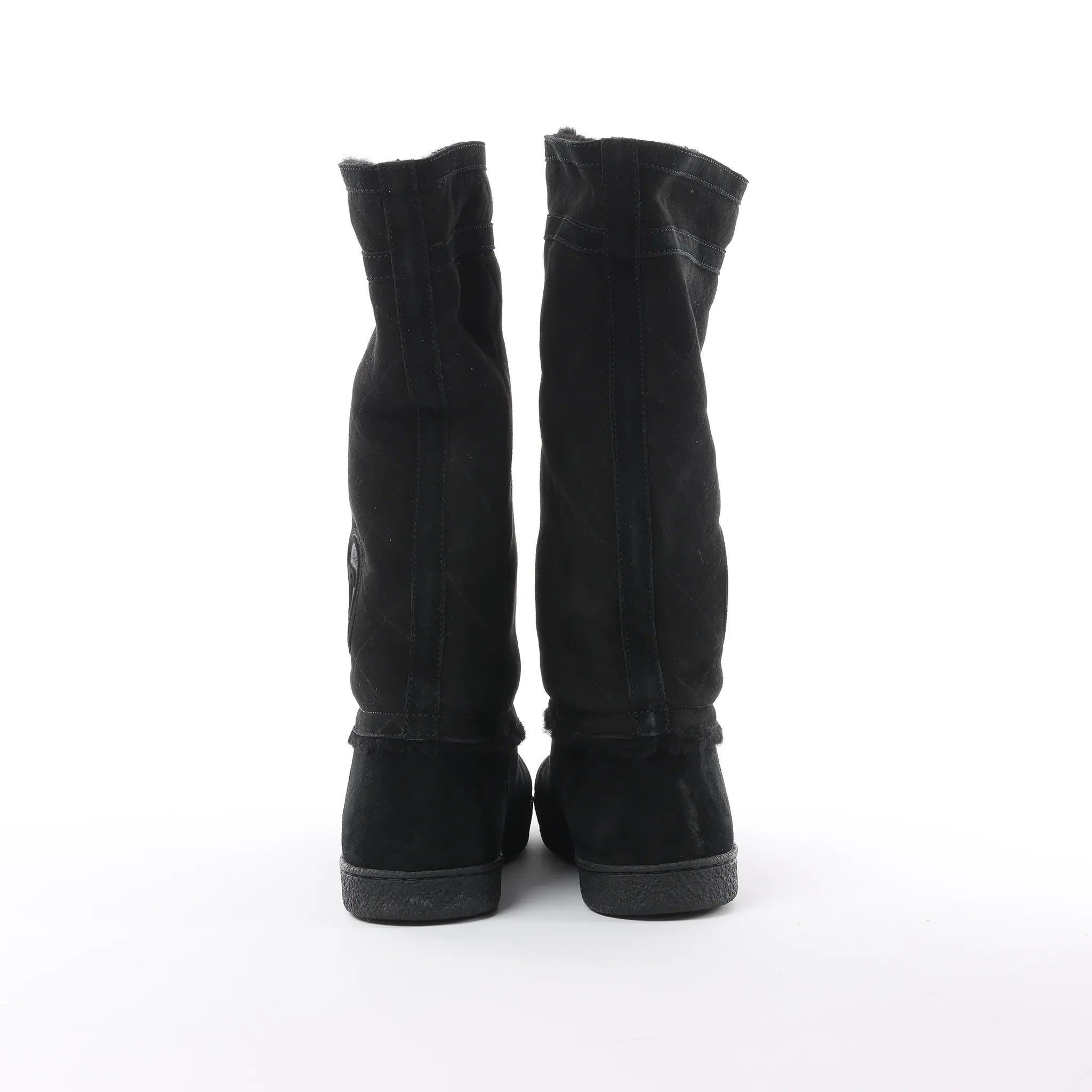 Chanel Coco Mark Matelasse Suede 2WAY Fur Mouton Boots in Black IG26557, Size 38 EU