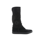 Chanel black suede boots with quilted matelassé shaft, round toe, rubber sole, and Coco logo patch on the side on white background