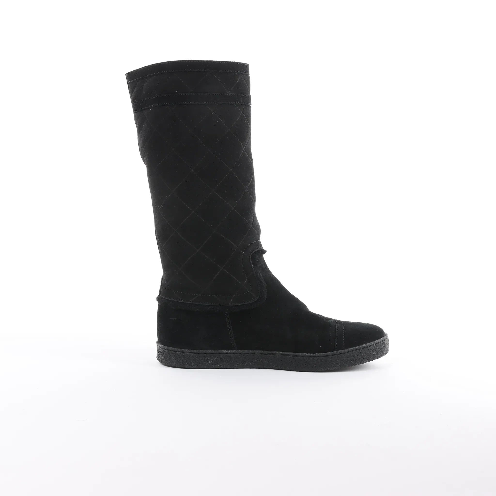Chanel Coco Mark Matelasse Suede 2WAY Fur Mouton Boots in Black IG26557, Size 38 EU