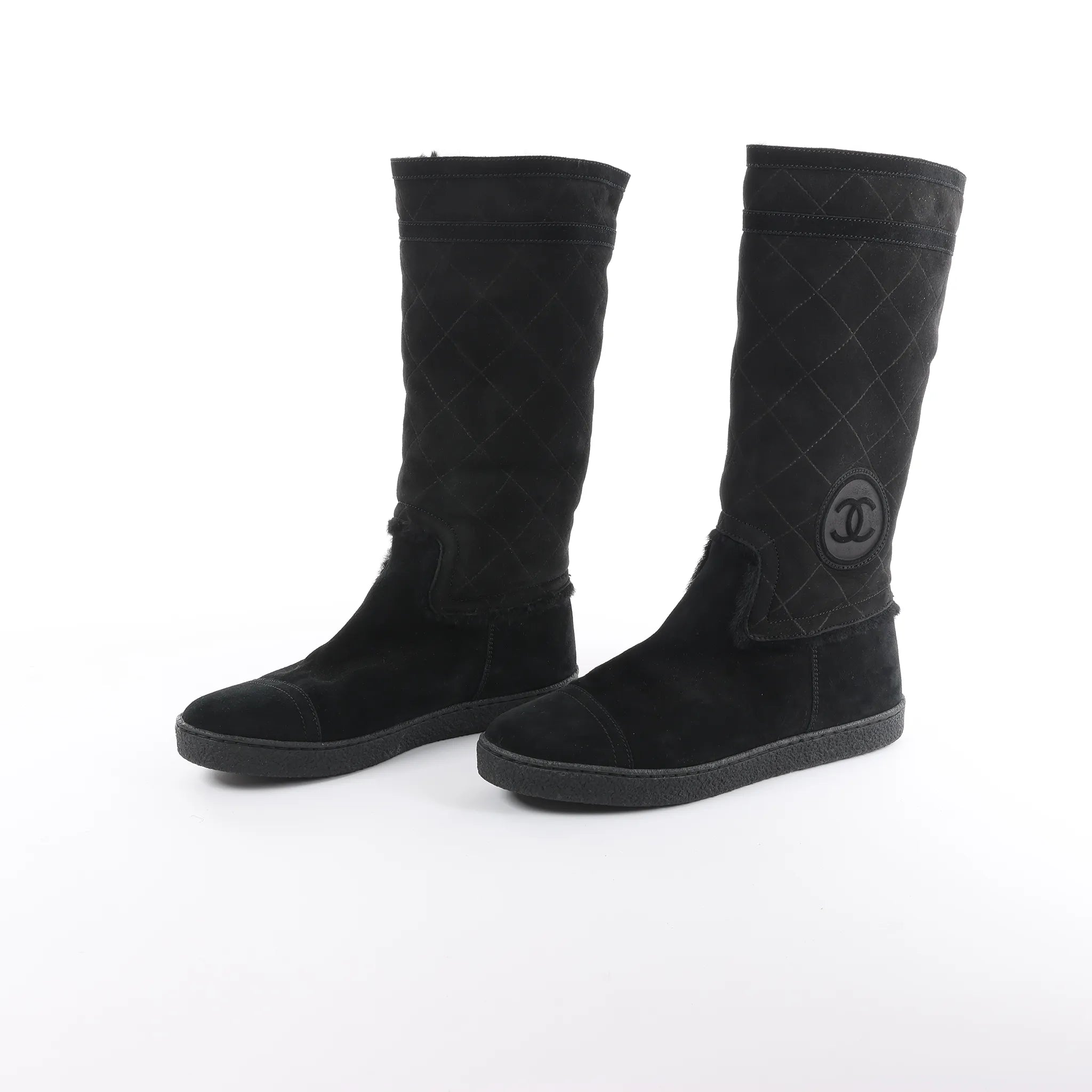 Chanel Coco Mark Matelasse Suede 2WAY Fur Mouton Boots in Black IG26557, Size 38 EU