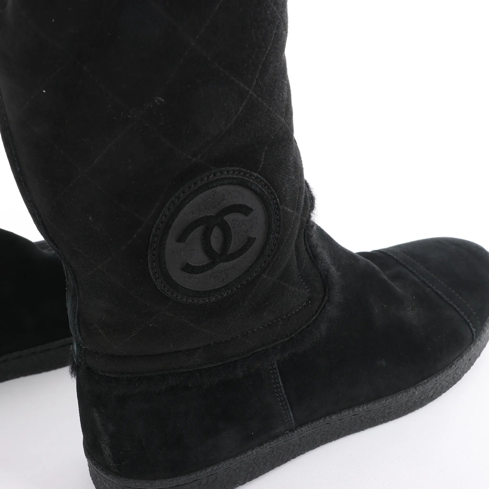 Chanel Coco Mark Matelasse Suede 2WAY Fur Mouton Boots in Black IG26557, Size 38 EU