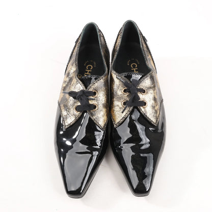 Chanel Coco Mark Patent Leather Loafers in Black x Gold G34275, Size 37 EU