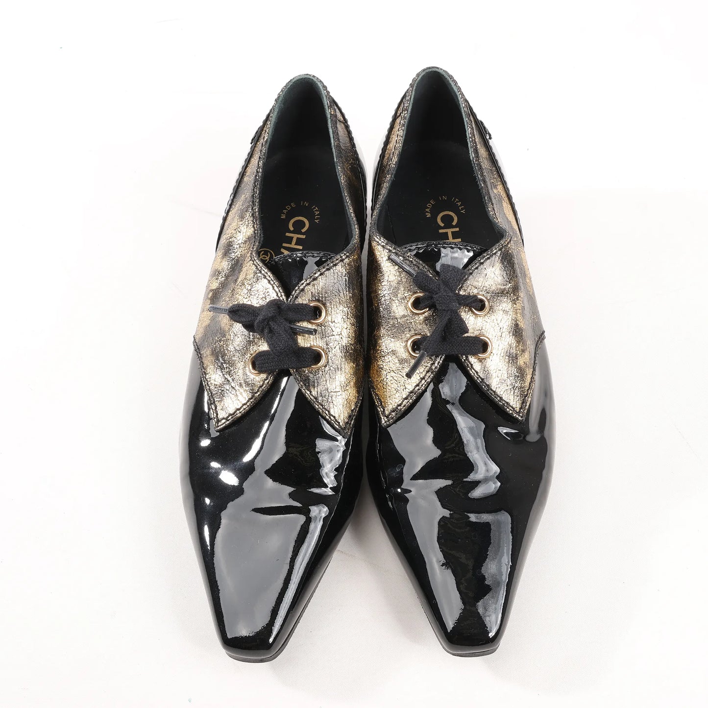 Chanel Coco Mark Patent Leather Loafers in Black x Gold G34275, Size 37 EU