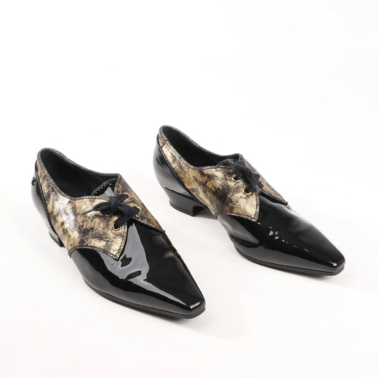 Chanel Coco Mark Patent Leather Loafers in Black x Gold G34275, Size 37 EU