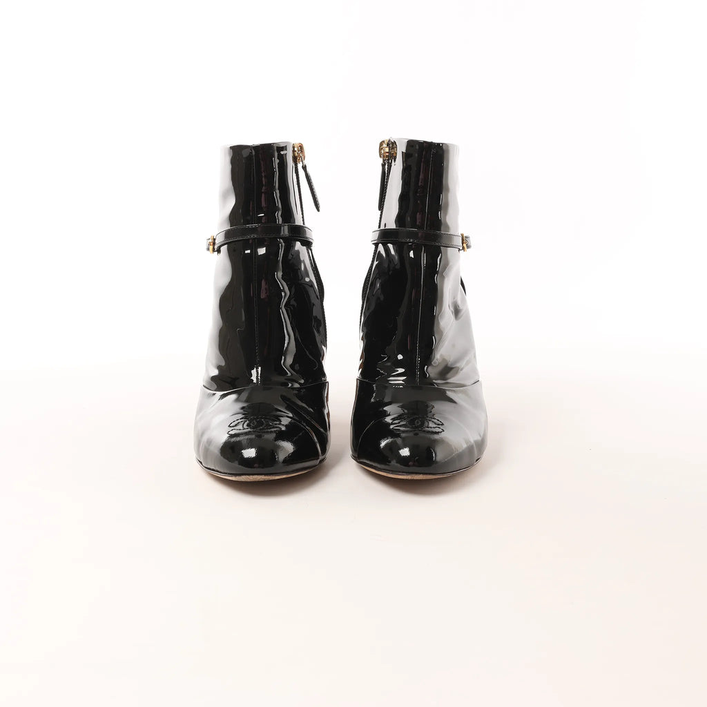 Chanel Coco Mark Patent Leather Ankle Boots in Black G31562, Size 37 C EU