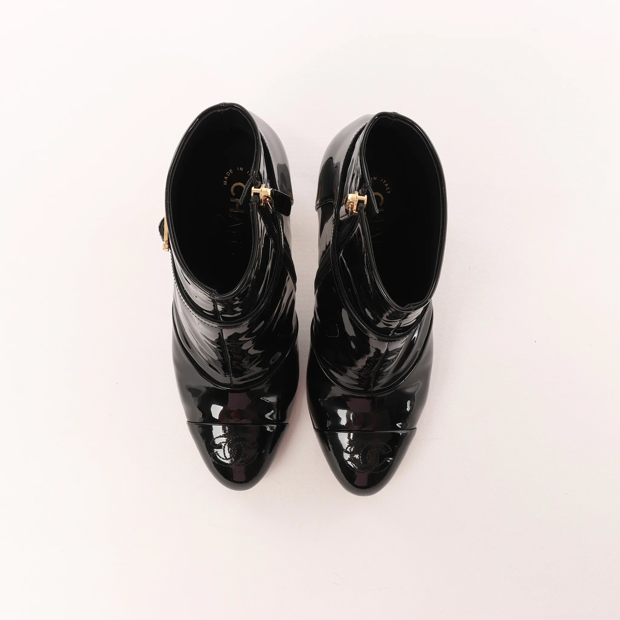 Chanel Coco Mark Patent Leather Ankle Boots in Black G31562, Size 37 C EU