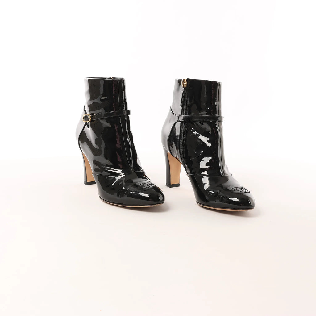 Chanel Coco Mark Patent Leather Ankle Boots in Black G31562, Size 37 C EU