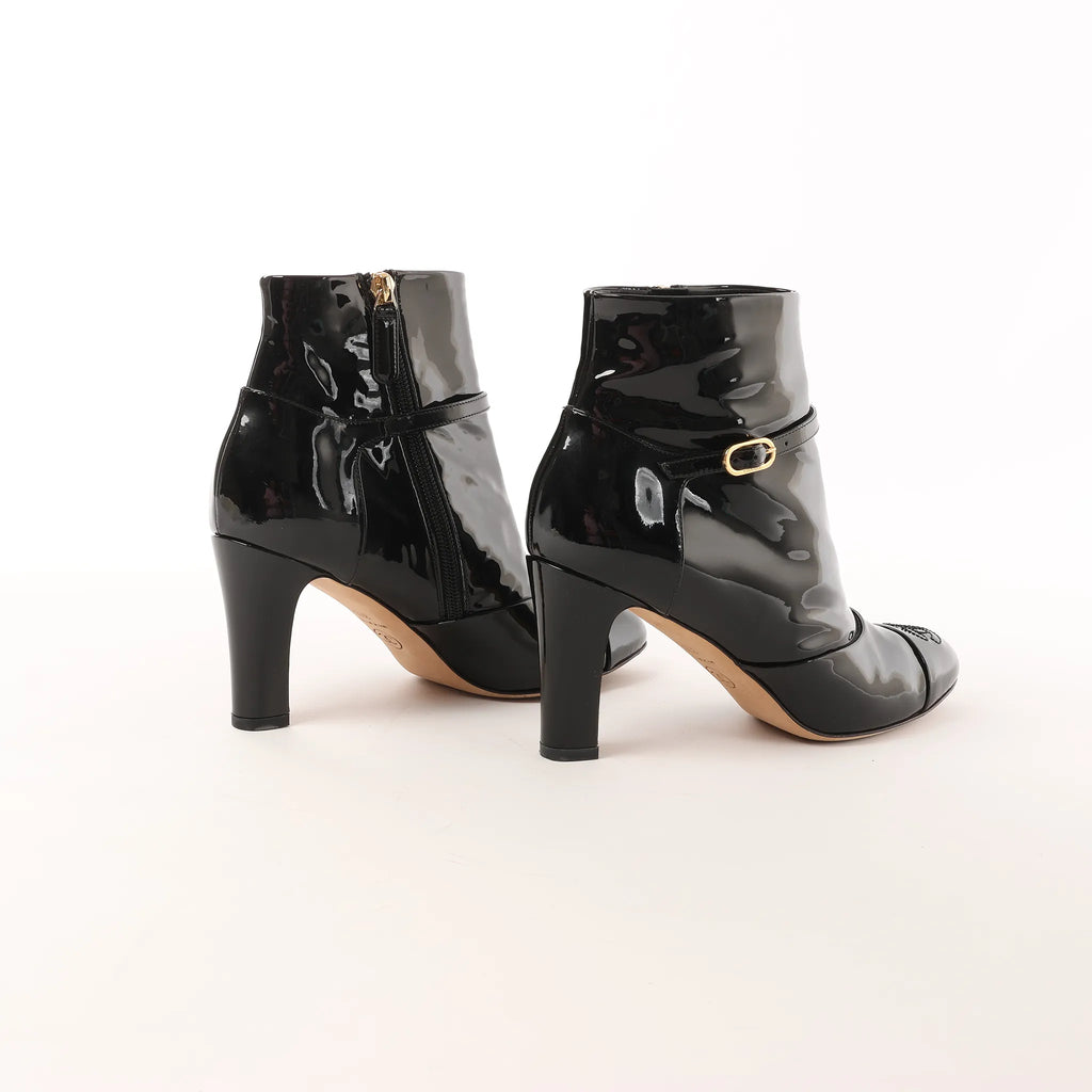 Chanel Coco Mark Patent Leather Ankle Boots in Black G31562, Size 37 C EU
