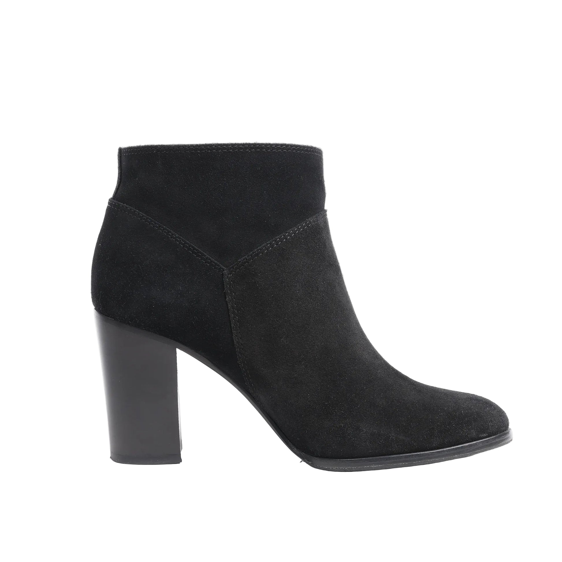 Side view of a black Chanel Coco Mark suede ankle boot in size 37 EU, featuring a smooth suede upper, rounded toe, and a high block heel on a white background.