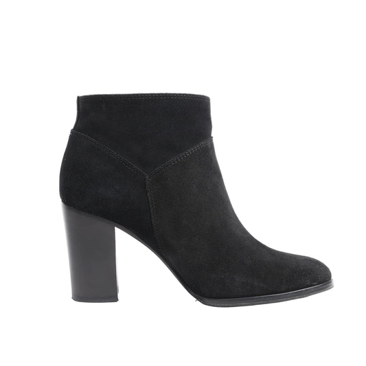 Side view of a black Chanel Coco Mark suede ankle boot in size 37 EU, featuring a smooth suede upper, rounded toe, and a high block heel on a white background.