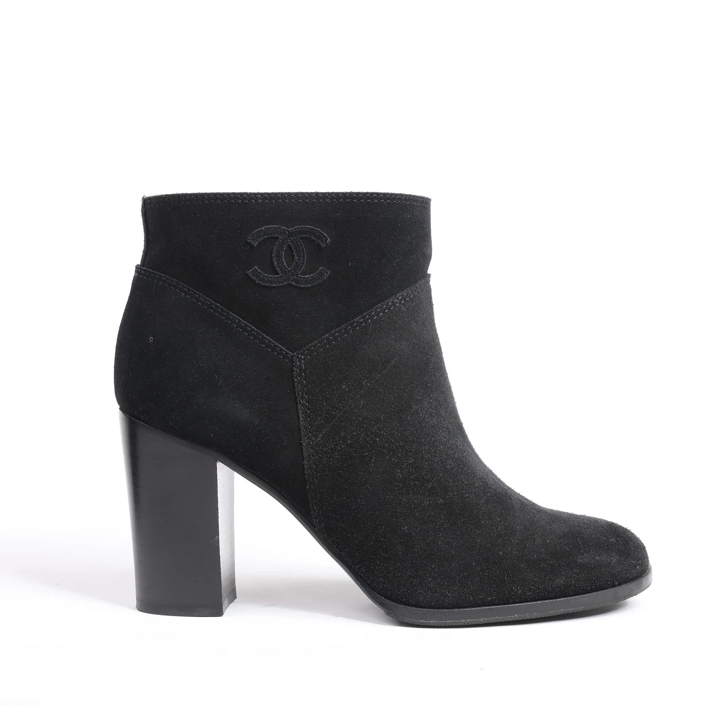 Chanel Coco Mark Suede Ankle Boots in Black, Size 37 EU
