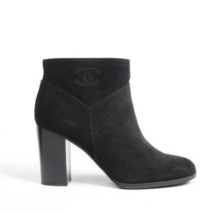 Chanel Coco Mark Suede Ankle Boots in Black, Size 37 EU