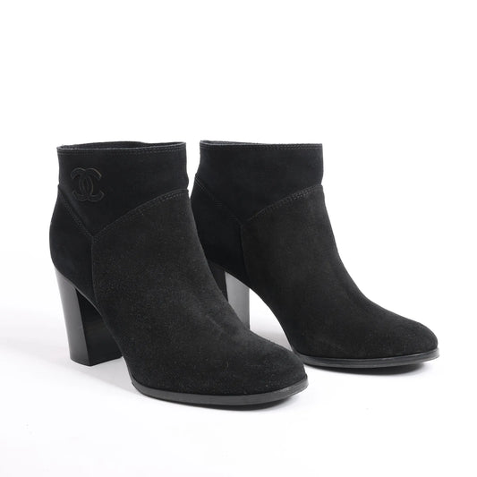 Chanel Coco Mark Suede Ankle Boots in Black, Size 37 EU