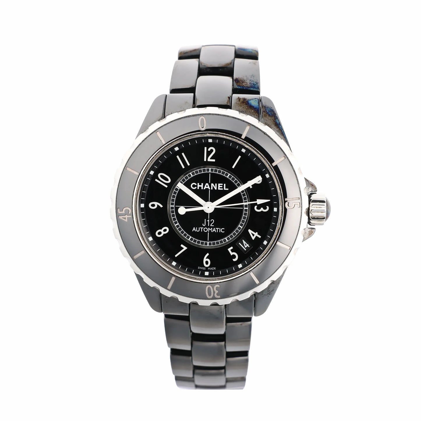 Chanel J12 H0685 automatic watch featuring a black ceramic and stainless steel case and bracelet, with a black dial, white numerals, and date display.