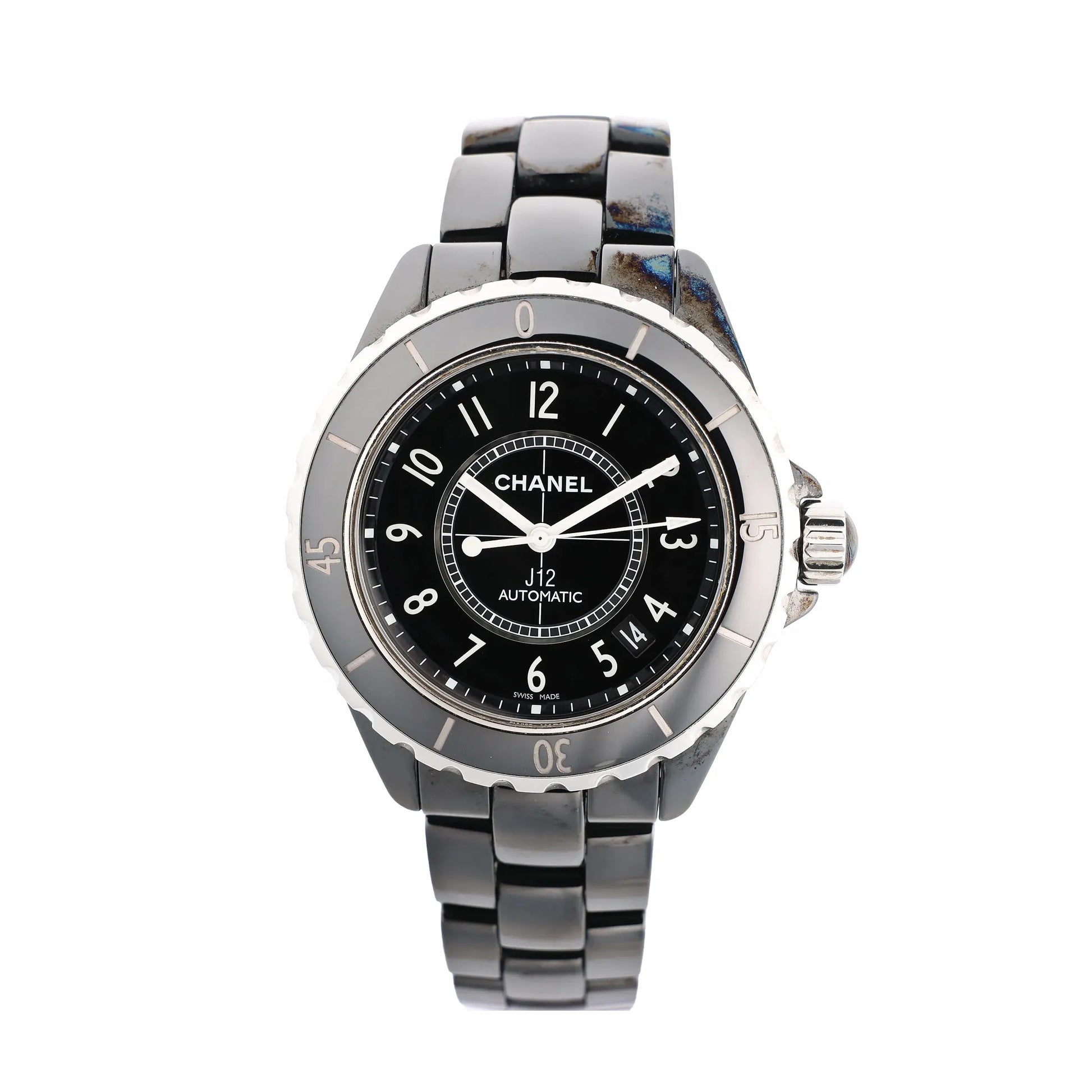 Chanel J12 H0685 automatic watch featuring a black ceramic and stainless steel case and bracelet, with a black dial, white numerals, and date display.