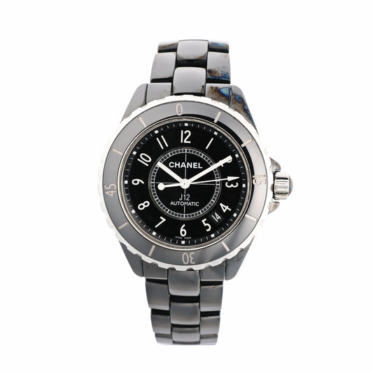 Chanel J12 H0685 automatic watch featuring a black ceramic and stainless steel case and bracelet, with a black dial, white numerals, and date display.