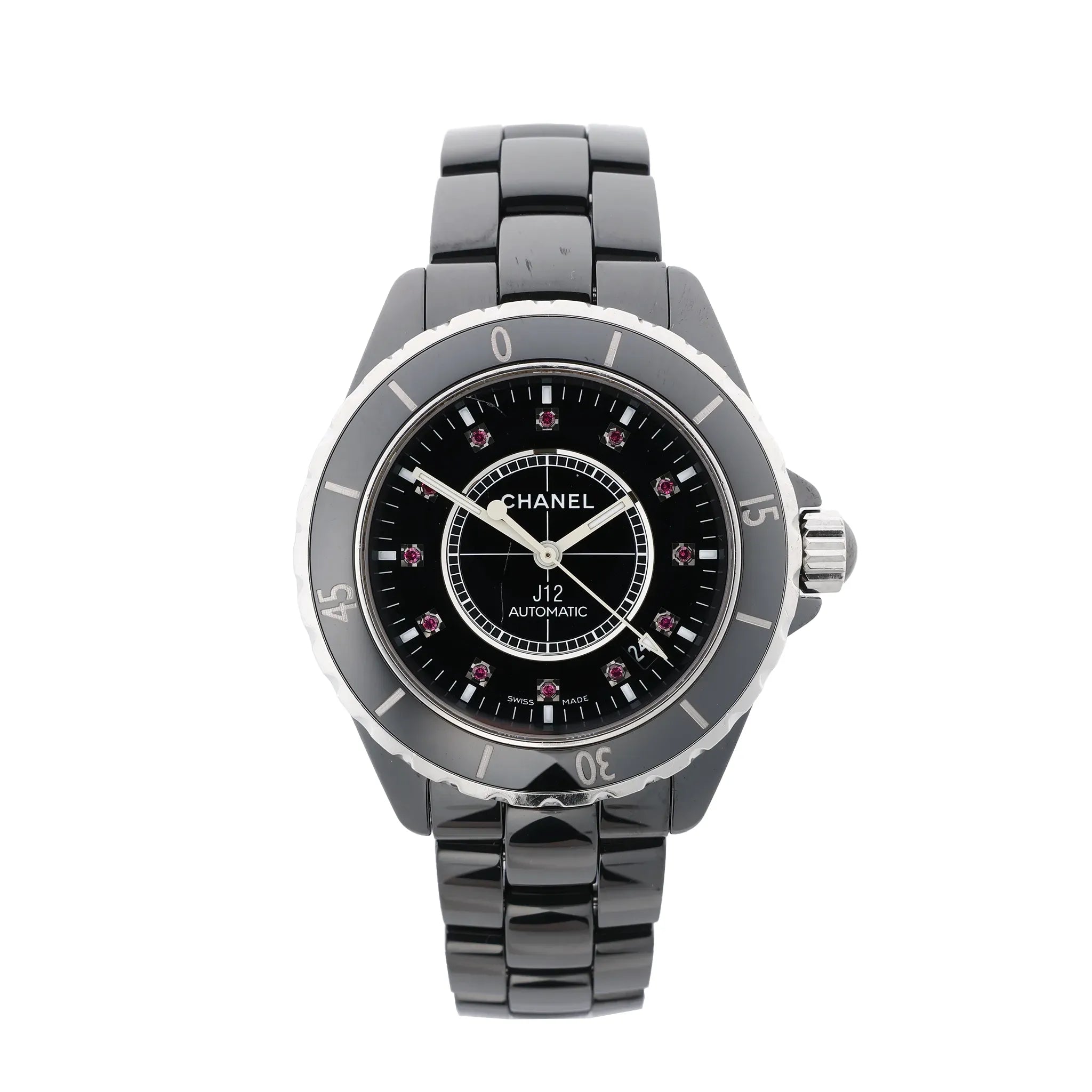 Chanel J12 automatic watch with glossy black ceramic bracelet, black dial, rotating bezel with silver-tone numerals, and pink gemstone hour markers.