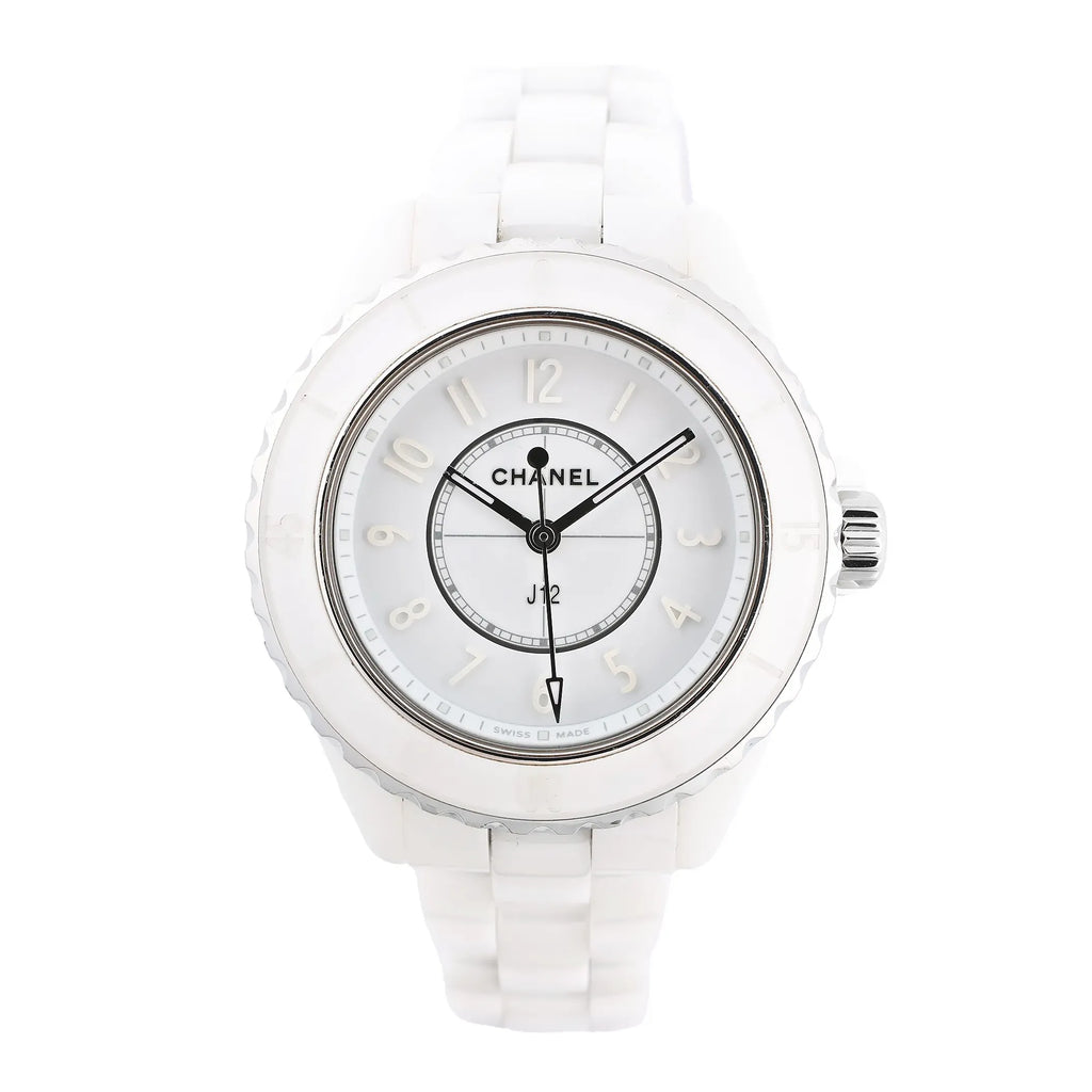 Front-facing view of a Chanel J12 Phantom H6345 watch featuring a white ceramic bracelet, stainless steel bezel, and minimalist white dial with silver-tone hands and markers.