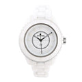 Front-facing view of a Chanel J12 Phantom H6345 watch featuring a white ceramic bracelet, stainless steel bezel, and minimalist white dial with silver-tone hands and markers.