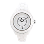 Front-facing view of a Chanel J12 Phantom H6345 watch featuring a white ceramic bracelet, stainless steel bezel, and minimalist white dial with silver-tone hands and markers.