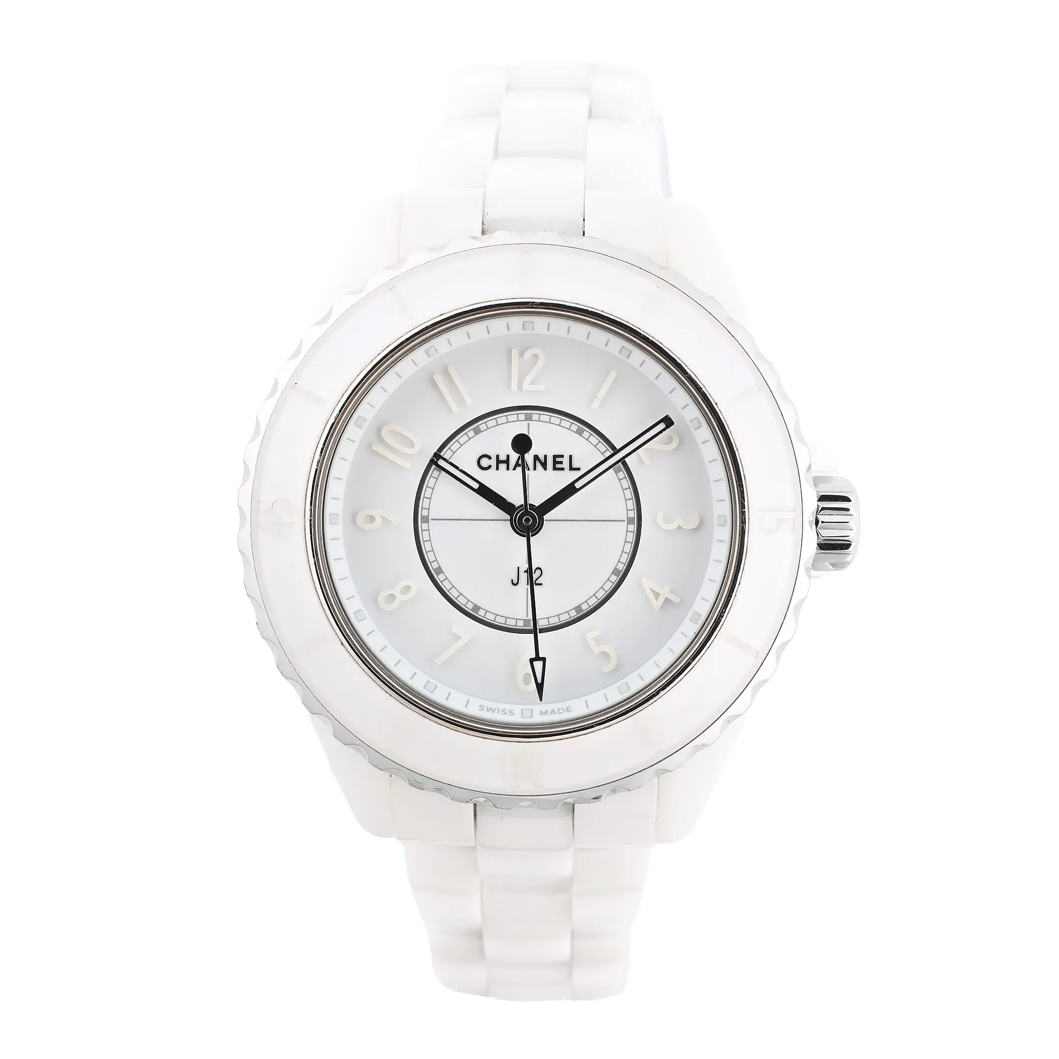 Front-facing view of a Chanel J12 Phantom H6345 watch featuring a white ceramic bracelet, stainless steel bezel, and minimalist white dial with silver-tone hands and markers.