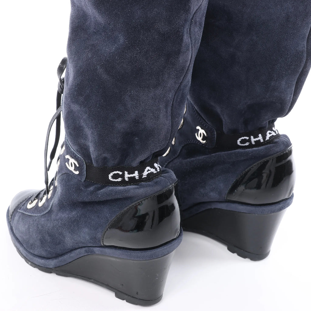 Chanel Suede x Patent Long Boots in Black x Navy G27002, Size 37 EU