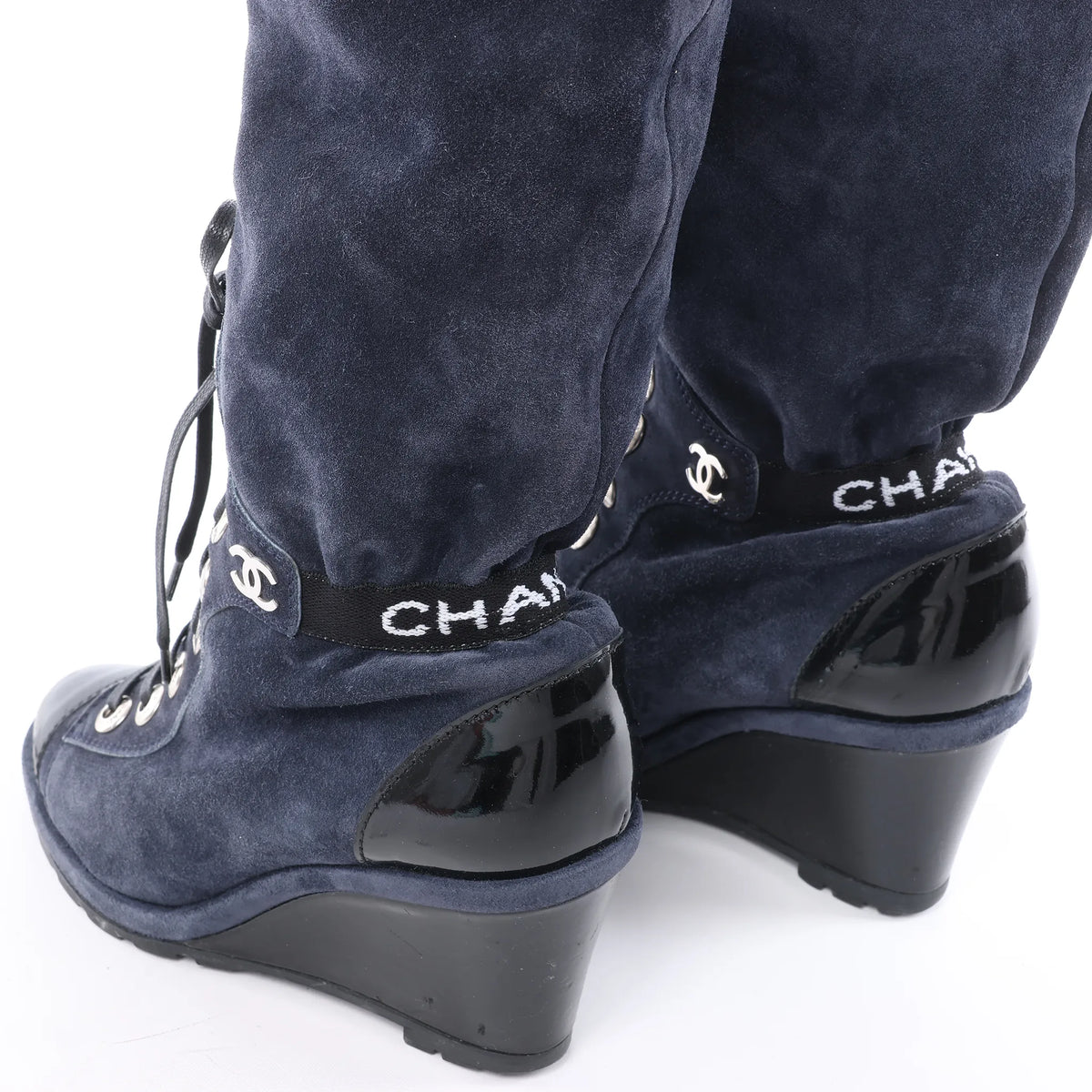 Chanel Suede x Patent Long Boots in Black x Navy G27002, Size 37 EU