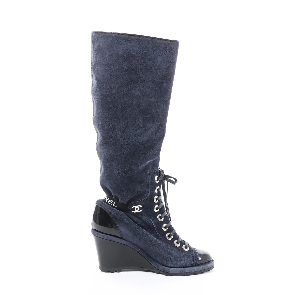Chanel Suede x Patent Long Boots in Black x Navy G27002, Size 37 EU