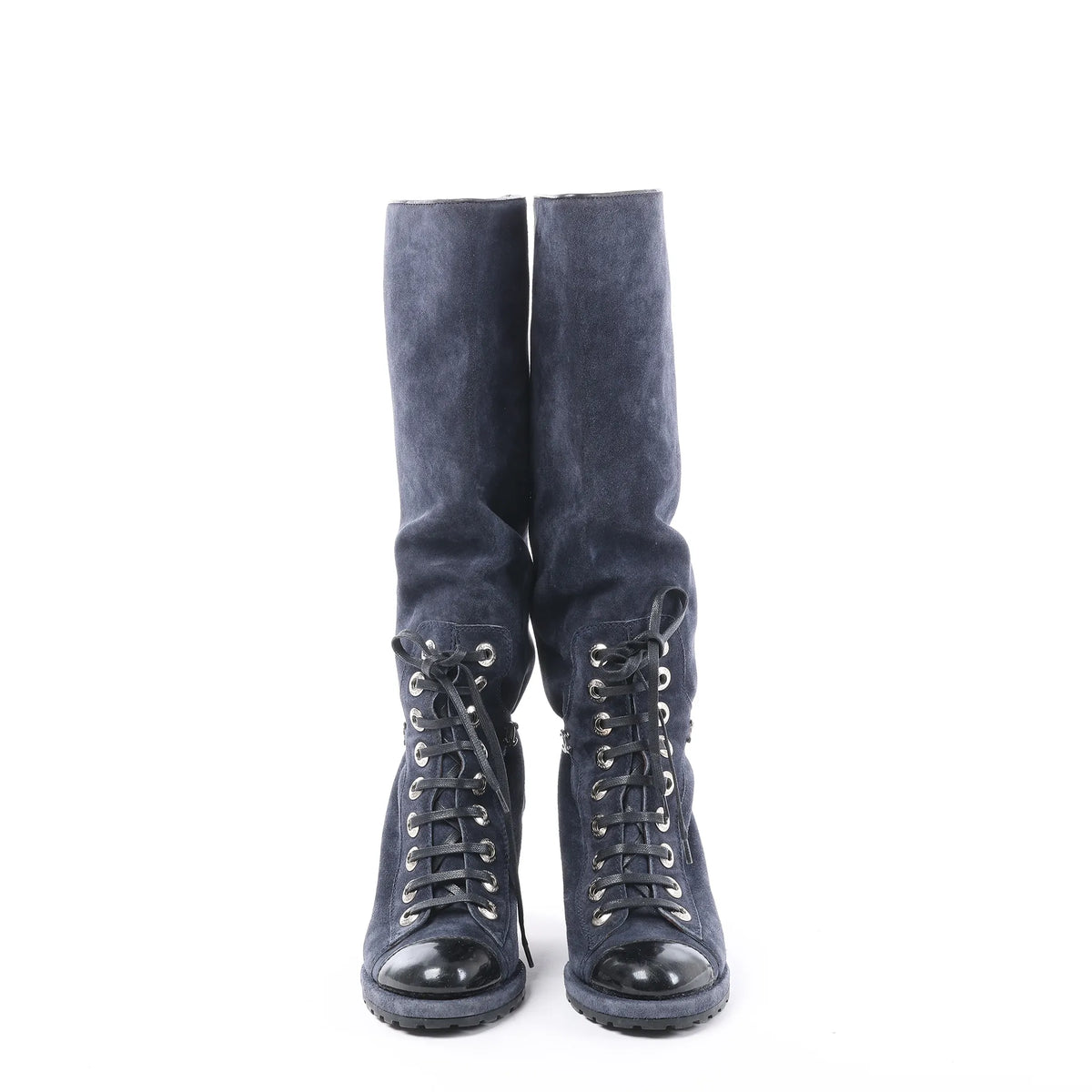 Chanel Suede x Patent Long Boots in Black x Navy G27002, Size 37 EU