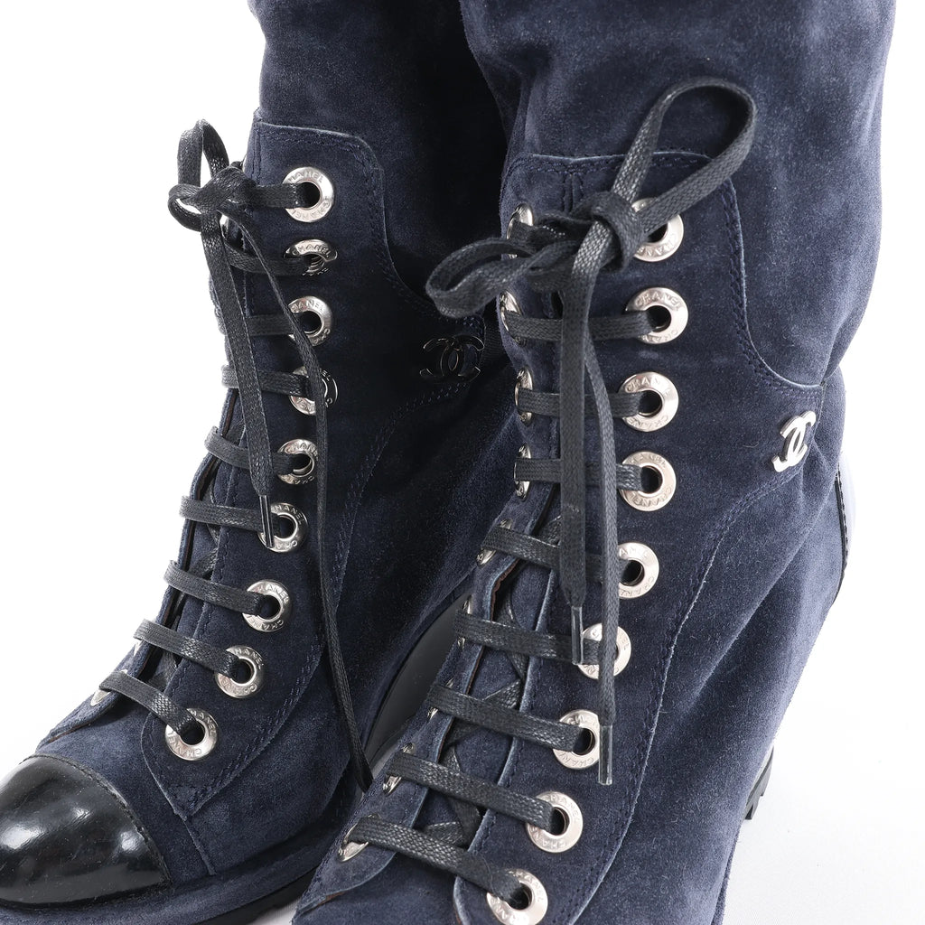 Chanel Suede x Patent Long Boots in Black x Navy G27002, Size 37 EU