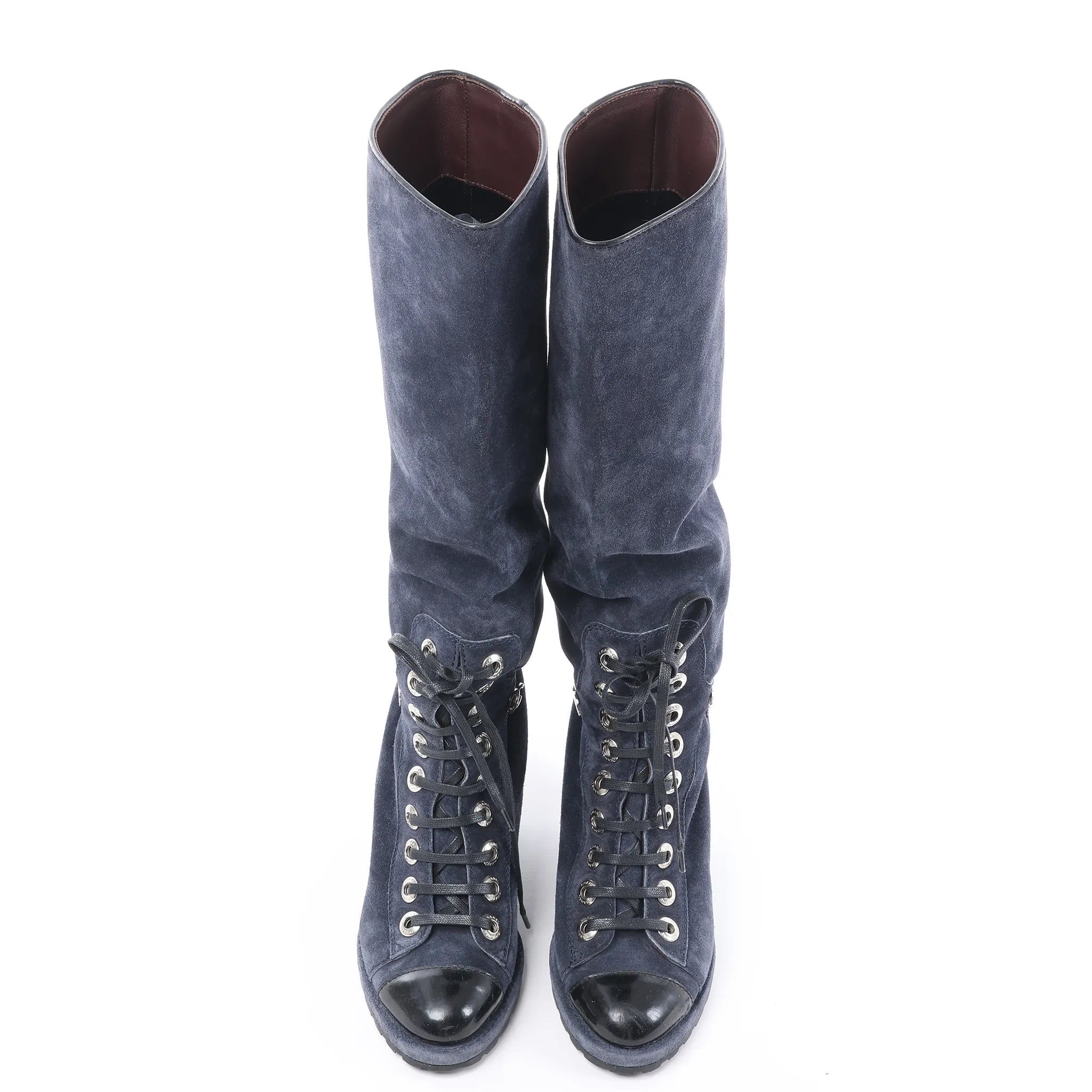 Botas largas Chanel de ante y piel acharolada en negro y azul marino G27002, talla 37 UE